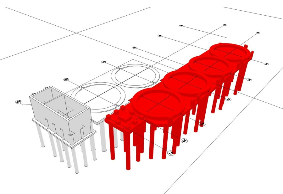Foundation for grain silos and conveyor bridge in a bioethanol plant